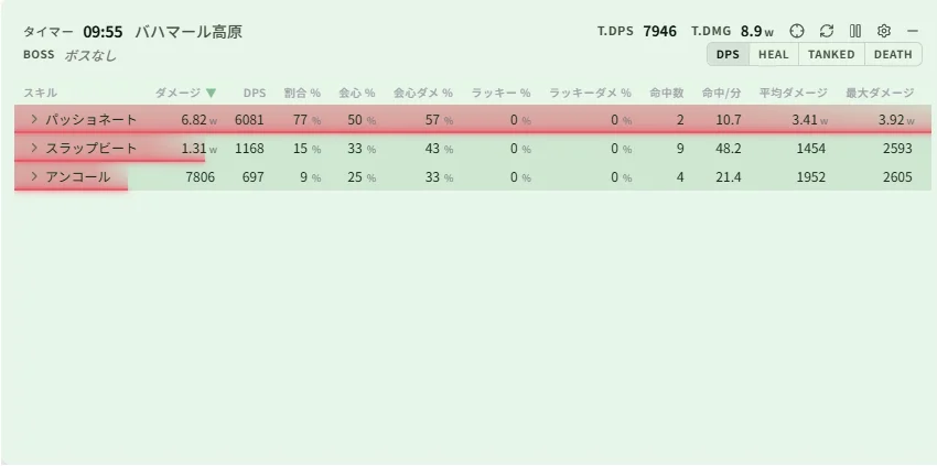 コンパクトモードでのスキル詳細